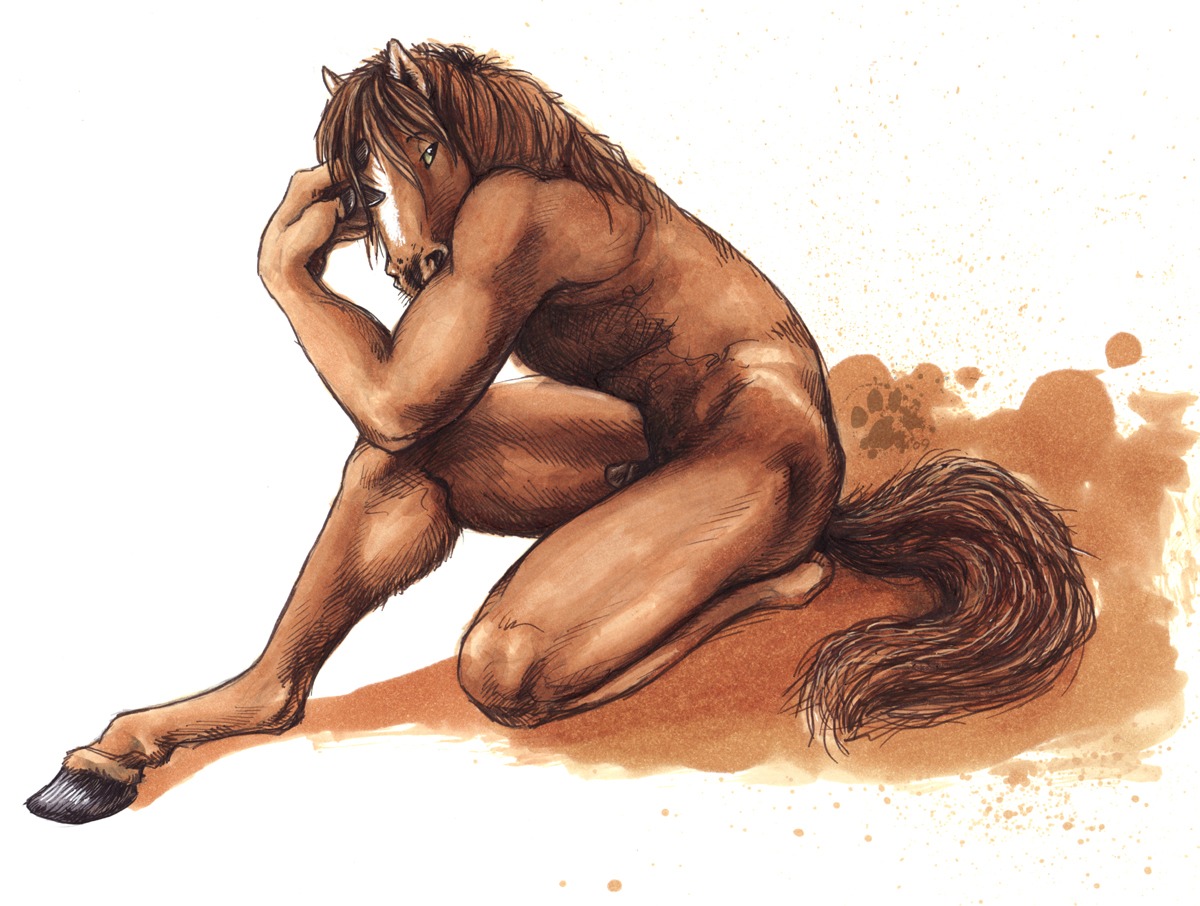 2009 anthro barefoot biceps biped blotch brown_body brown_fur e621 equid equine feet flaccid fur genitals hair hooves horse male mammal muscular muscular_anthro muscular_male nude penis pinup pony pose scratches_volume_3 side_view simple_background solo touching_hair traditional_media_(artwork)