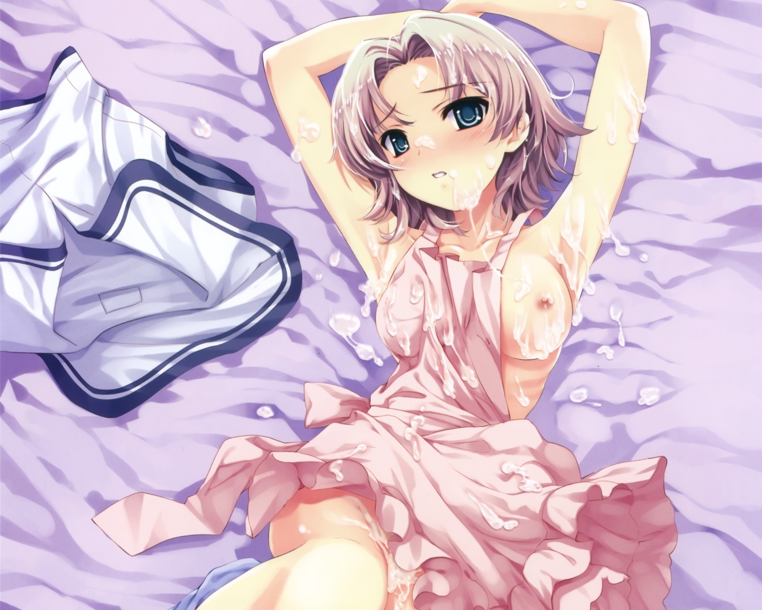 bed breasts color cum deep_blue_sky_&amp;_pure_white_wings female hanami_mar'ya misaki_kurehito naked_apron nipples rule34 short_hair