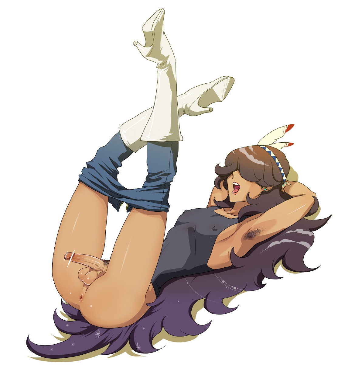 1boy 2d alternate_version_available androgynous anus armpit_hair armpits arms_behind_head balls boots censored color dark-skinned_femboy dark-skinned_male dark_skin denim earrings erect_nipples feather_hat feathers femboy femboy_only feminine_male girly girly_boy hair_covering_eyes hair_feather hair_feathers hairy_armpits hairy_femboy headdress high_heel_boots high_heels highres jeans legs_up long_hair lying male male_only native_american native_american_headdress native_american_male nipple_bulge nipples on_back open_mouth original pants pants_down penis pixiv_manga_sample pointless_censoring pokies pubic_hair purple_hair resized riko_(artist) rule34 simple_background solo tank_top testicles tongue tongue_out trap very_long_hair white_background
