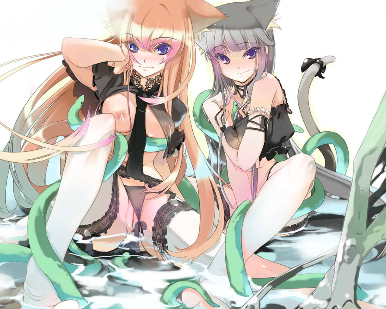 2girls animal_ears bikini bikini_bottom breasts breasts_out cat_girl catgirl consensual_tentacles crop_top female female_only implied_penetration maruku multiple_females multiple_girls panties pussy pussy_peek rule34 tank_top tentacle tentacles tentacles_under_clothes thighhighs uncensored underwear water