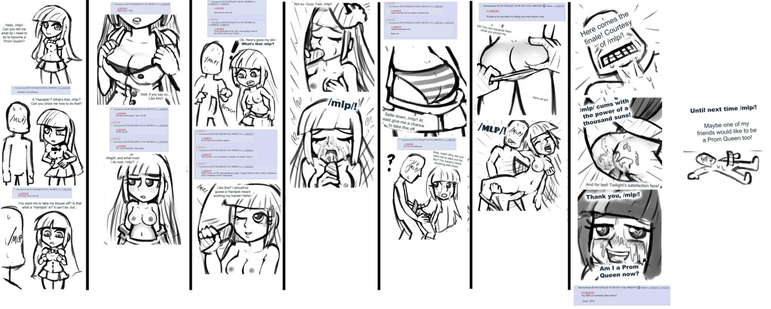 4chan absurd_res black_and_white bodily_fluids bottomwear breasts butt clothing comic cum cum_in_mouth cum_inside cum_on_face cumshot dialogue duo e621 ejaculation english_text equestria_girls erection fellatio female female_penetrated friendship_is_magic fur genital_fluids genitals grandfathered_content greeting hair handjob hasbro hi_res human human_on_human intraspecies male male/female male_penetrating male_penetrating_female mammal monochrome my_little_pony nipples not_furry oral oral_penetration orgasm penetration penile penile_penetration penis penis_in_vagina sex skirt sweat text twilight_sparkle_(eg) unknown_artist vaginal vaginal_penetration