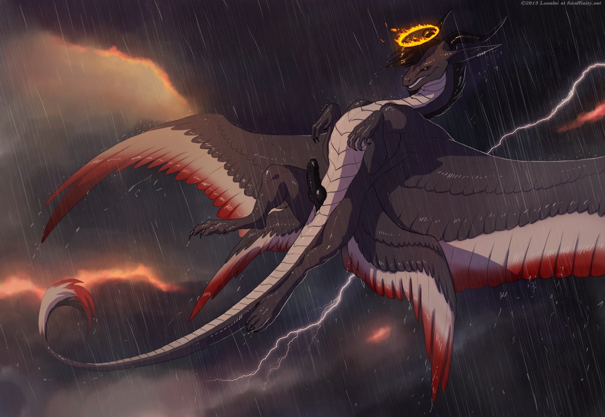 black_body black_penis black_sclera dragon e621 electricity erection feathered_dragon feathered_scalie feathered_wings feathers feral fire genitals halo horn lightning lunalei male mythological_creature mythological_scalie mythology nude outside penis raining red_eyes scalie solo tail wings