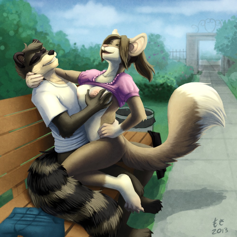 1:1 2013 anthro areola bench black_body black_fur bottomless bottomwear breast_fondling breast_play breasts brown_body brown_fur clothed clothing cloud denim denim_bottomwear denim_clothing duo e621 eyes_closed female fluffy fluffy_tail fondling from_front_position fur grass grin half-closed_eyes hand_on_breast hand_on_neck happy happy_sex interspecies jeans male male/female mammal markings mastery_position mosa multicolored_body multicolored_fur narrowed_eyes nipples on_bench on_lap outside pants park plant procyonid public public_sex raccoon raised_clothing raised_shirt raised_topwear sex shirt shrub sitting sitting_on_lap skimpy sky smile striped_markings striped_tail stripes tail tail_markings tan_body tan_fur teeth topwear tree unknown_species white_body white_fur