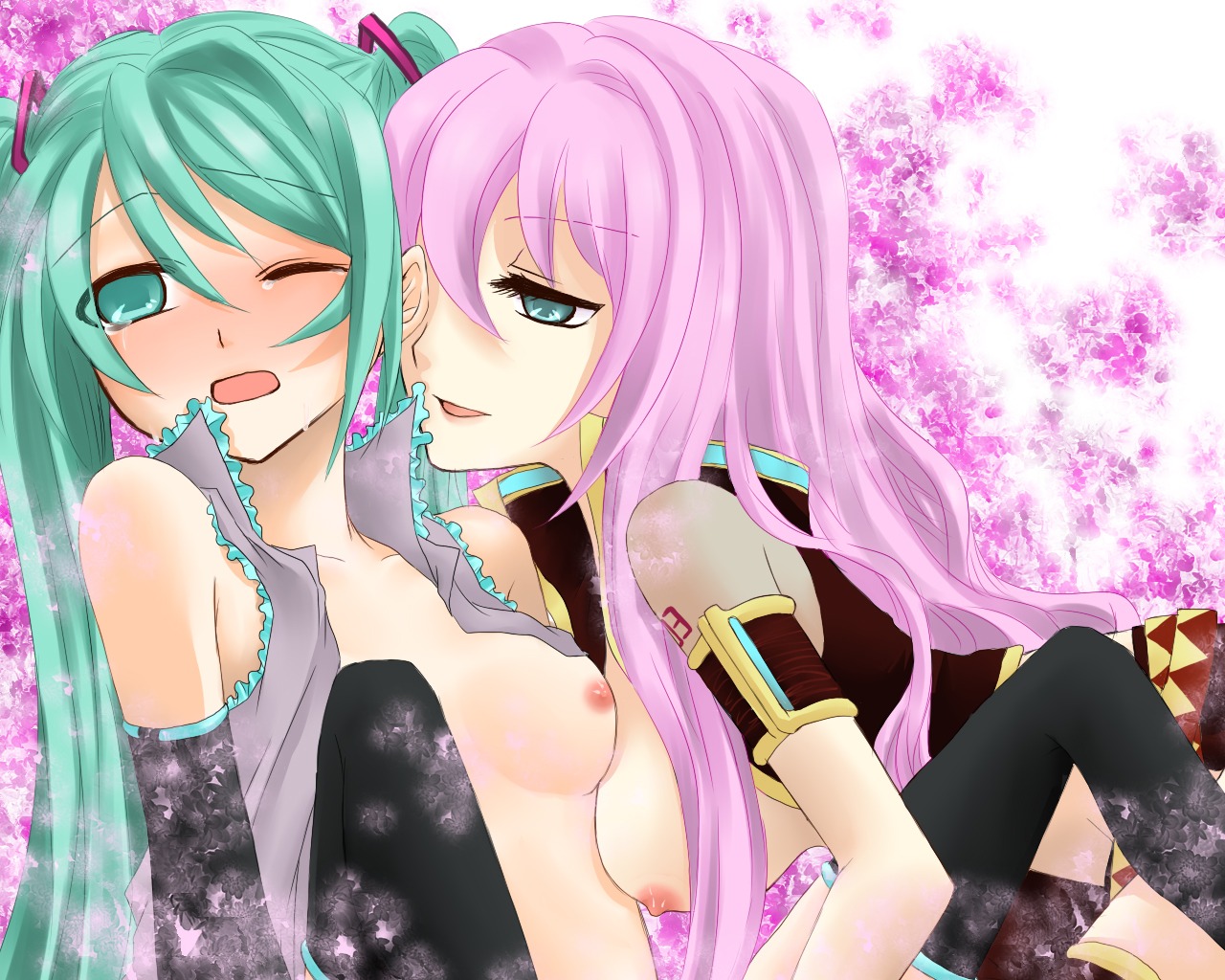 2girls aqua_eyes aqua_hair blue_eyes blush breasts detached_sleeves female hatsune_miku long_hair medium_breasts megurine_luka multiple_females multiple_girls nipples one_eye_closed open_clothes open_shirt pink_hair rule34 shirt small_breasts tears thighhighs tied_hair twintails vocaloid yayoi_(egoistic_realism) yayoi_(pixiv182527) yuri