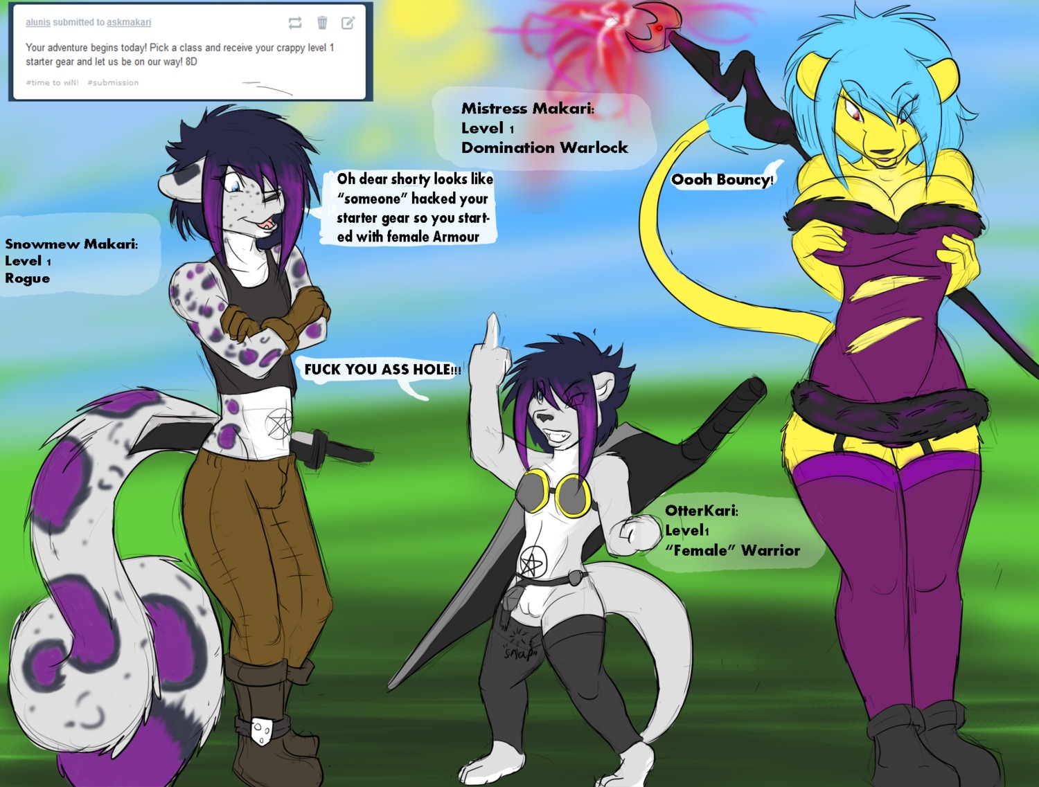 andromorph anthro armor breasts cleavage clothed clothing comic dialogue digital_media_(artwork) e621 english_text felid female femboy fur_trim_(clothing) genitals group hi_res intersex leopard leopard_spots lion makarimorph male mammal mustelid otter pantherine purple_spots sketch snow_leopard spots tail text vulva weapon