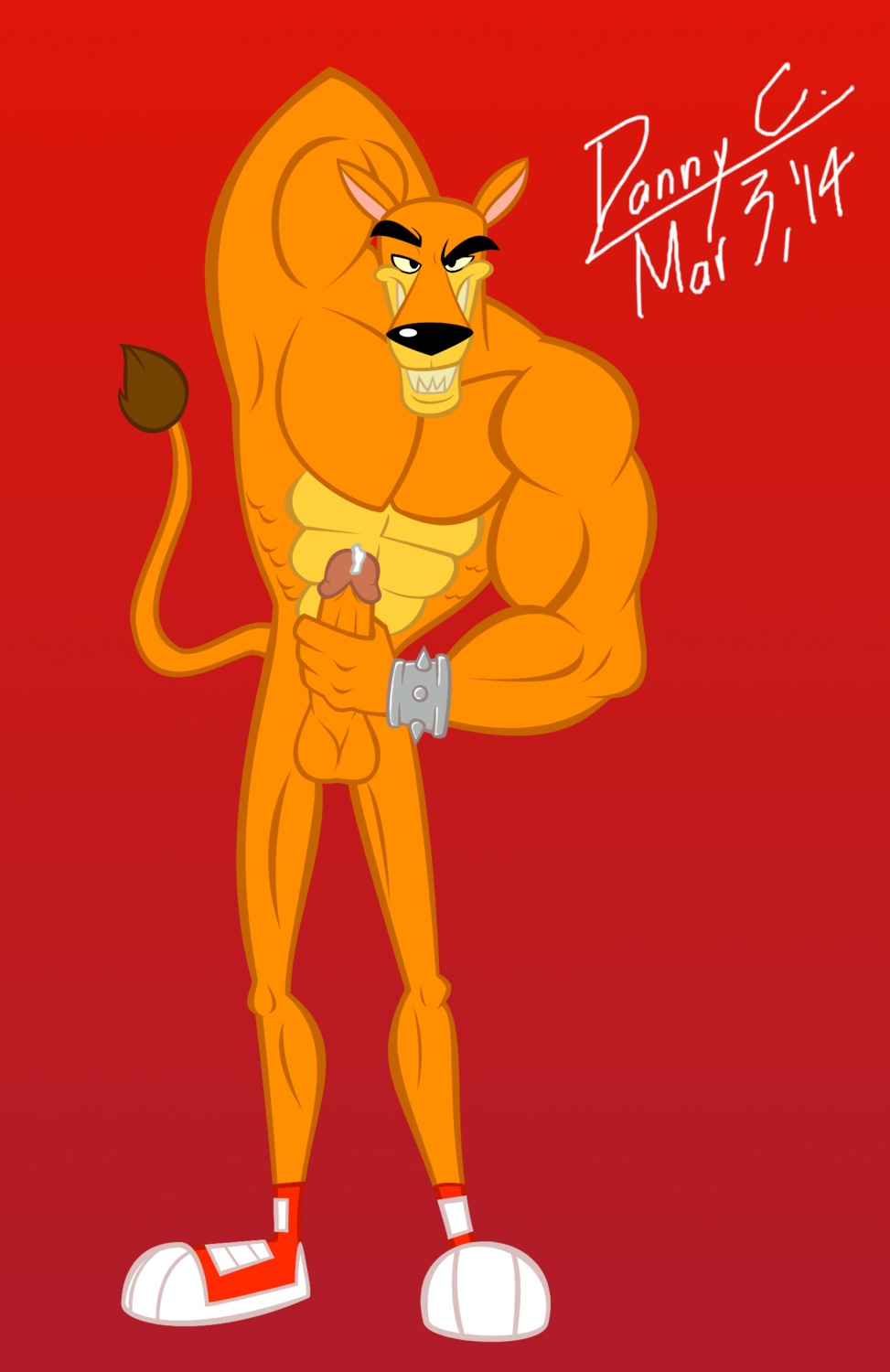 2014 abstract_background activision anthro big_muscles big_penis blu3danny bodily_fluids crash_bandicoot_(series) dasyuromorph e621 erection genital_fluids genitals glans hand_behind_head hi_res holding_penis humanoid_genitalia humanoid_penis looking_at_viewer male mammal marsupial muscular muscular_anthro muscular_male penis pose precum presenting presenting_penis recently_extinct_species simple_background solo thylacine tiny_tiger toony