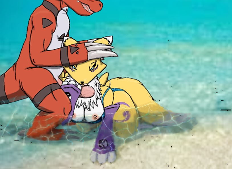 anthro breasts canine color day digimon digimon_(species) female fox fur furry furry_breasts furry_tail guilmon interspecies male monster_boy nude outdoors renamon reptile rule34 scalie straight tagme tail water