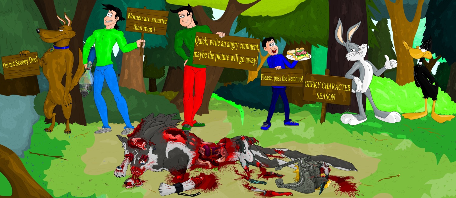 absurd_res anatid anseriform anthro avian bird blood bodily_fluids bugs_bunny canid canine canis crossover daffy_duck death decapitation domestic_dog duck e621 eevo_(author) eevo_(character) elder_(character) english_text food forest gore group gun guts hi_res human humanoid jujo_(unwilling_stereotypes) killing lagomorph leporid link_(wolf_form) looney_tunes male mammal messy midna nintendo organs outside parody plant rabbit ranged_weapon sandwich_(food) text the_legend_of_zelda tree trolling twili twilight_princess unwilling_stereotypes violence warner_brothers weapon what wolf