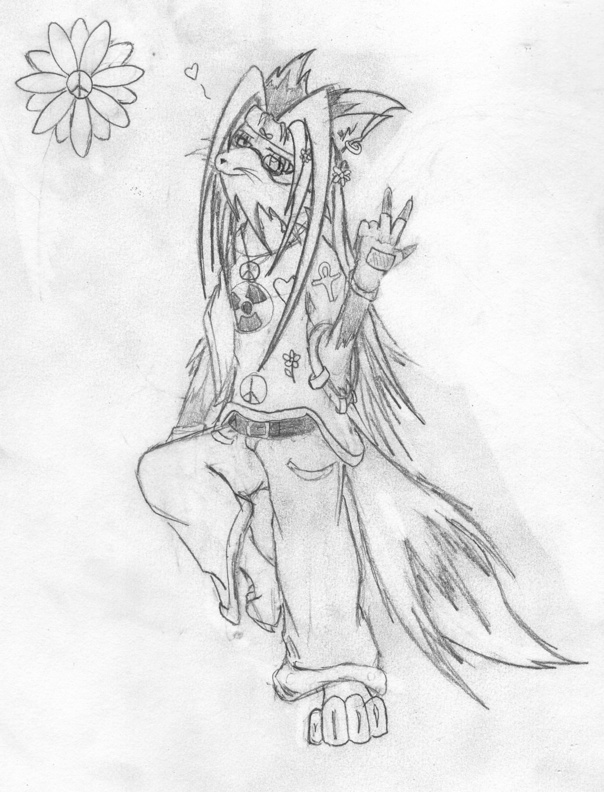absurd_res alternative_fashion anthro canid canine e621 flower fox full-length_portrait gesture graphite_(artwork) hand_gesture hi_res hippie kevin_fox male mammal monochrome peace_symbol plant portrait solo tail traditional_media_(artwork) v_sign