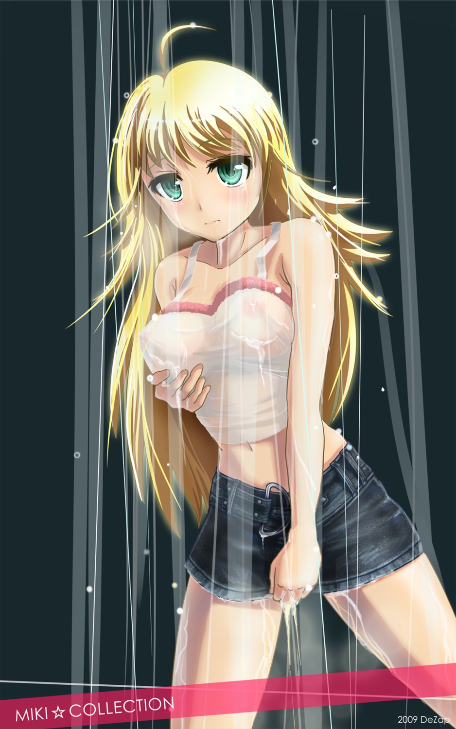 blonde_hair denim_skirt deza erect_nipples female green_eyes highres hoshii_miki idolmaster jean_skirt long_hair masturbation miniskirt nipples rule34 see-through skirt solo standing wet