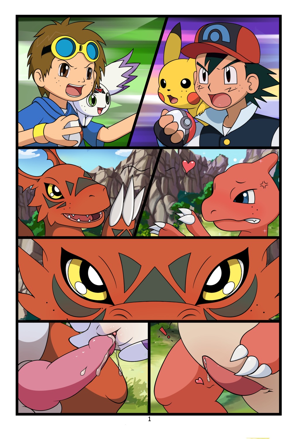 3_toes absurd_res ash_ketchum balls bandai_namco bangs big_penis blue_eyes blush bodily_fluids calumon charmeleon clothing comic conditional_dnp crossover digimon digimon_(species) digital_media_(artwork) e621 erection exclamation_point feet female freckled_face freckles fur generation_1_pokemon genital_fluids genitals group guilmon hat headgear headwear heart_symbol hi_res human interspecies male male/female mammal mountain multiple_scenes nintendo open_mouth orange_body orange_skin outside penetration penis penis_size_difference pikachu pokeball pokemon pokemon_(species) pokemon_trainer precum rodent scalie sex standard_pokeball takato_matsuki teeth toes tricksta vaginal vaginal_penetration yellow_body yellow_eyes yellow_fur