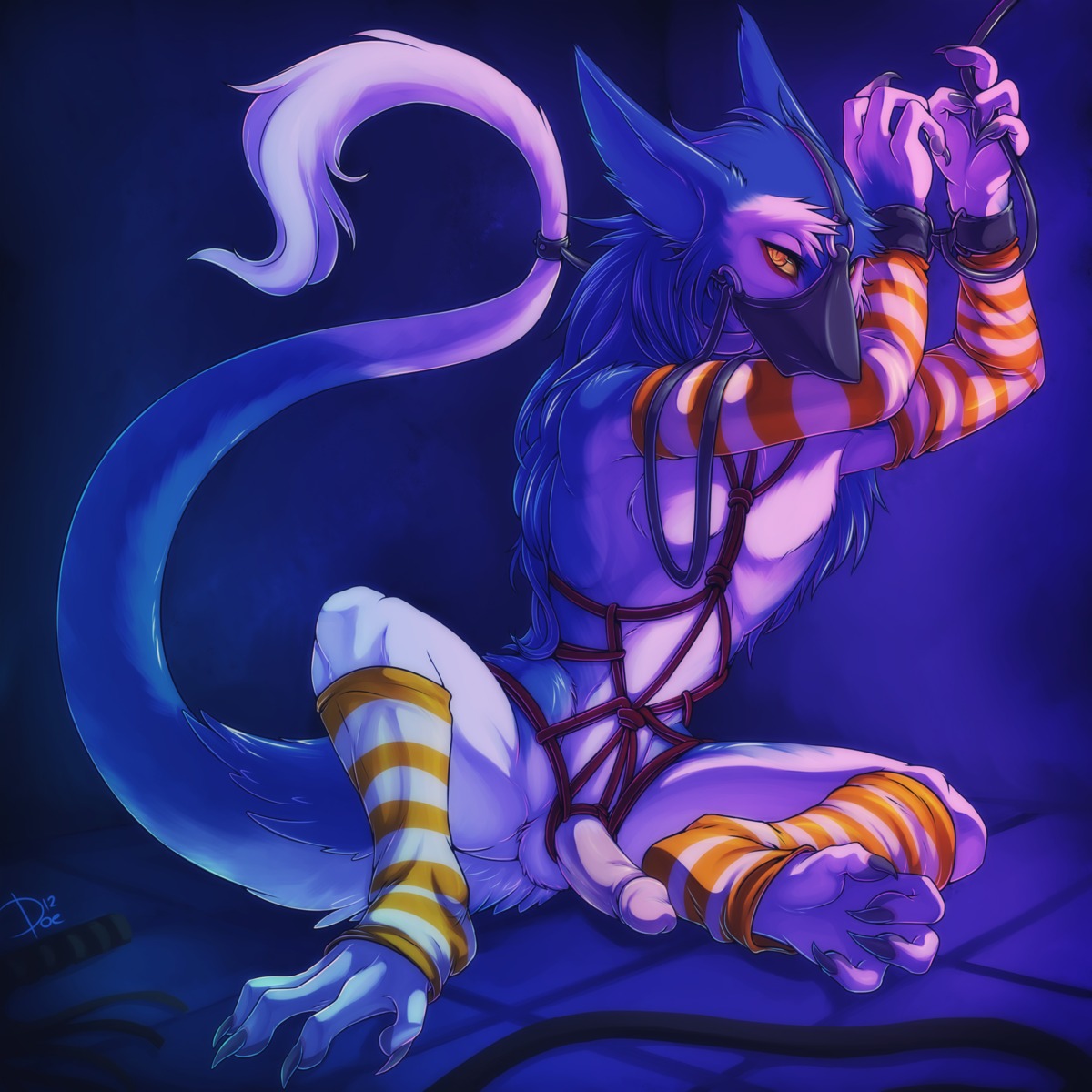 1:1 4_toes amber_eyes anthro arm_warmers arms_above_head armwear barefoot bdsm belt biped blue_body blue_fur blue_theme bondage bound claws clothed clothing collar cool_colors countershading cuff_(restraint) darkness dodedo dungeon e621 erection feet footwear fur gag genitals hair handcuffs hi_res inside leash legwear long_hair looking_at_viewer male mammal markus_(dowantanaccount) metal_cuffs multicolored_body multicolored_fur muzzle_(object) muzzled nude orange_armwear orange_clothing orange_eyes orange_legwear partially_clothed pattern_armwear pattern_clothing pattern_footwear pattern_legwear penis restrained restraints rope sergal shackles sitting slave socks soles solo spread_legs spreading stockings striped_armwear striped_clothing striped_footwear striped_legwear stripes submissive submissive_male tail tail_tuft toeless_footwear toeless_socks toes tuft two_tone_body two_tone_fur whip white_armwear white_clothing white_legwear