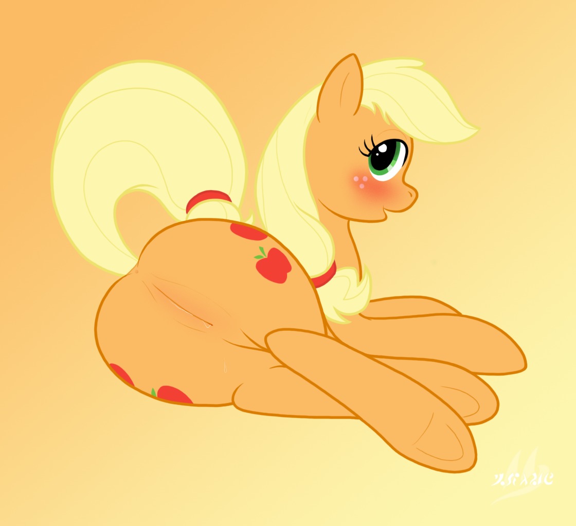 anus applejack_(mlp) blonde_hair cutie_mark drake_drachenlicht e621 earth_pony equid equine female feral friendship_is_magic genitals green_eyes hair hasbro horse mammal my_little_pony orange_body pony solo vulva