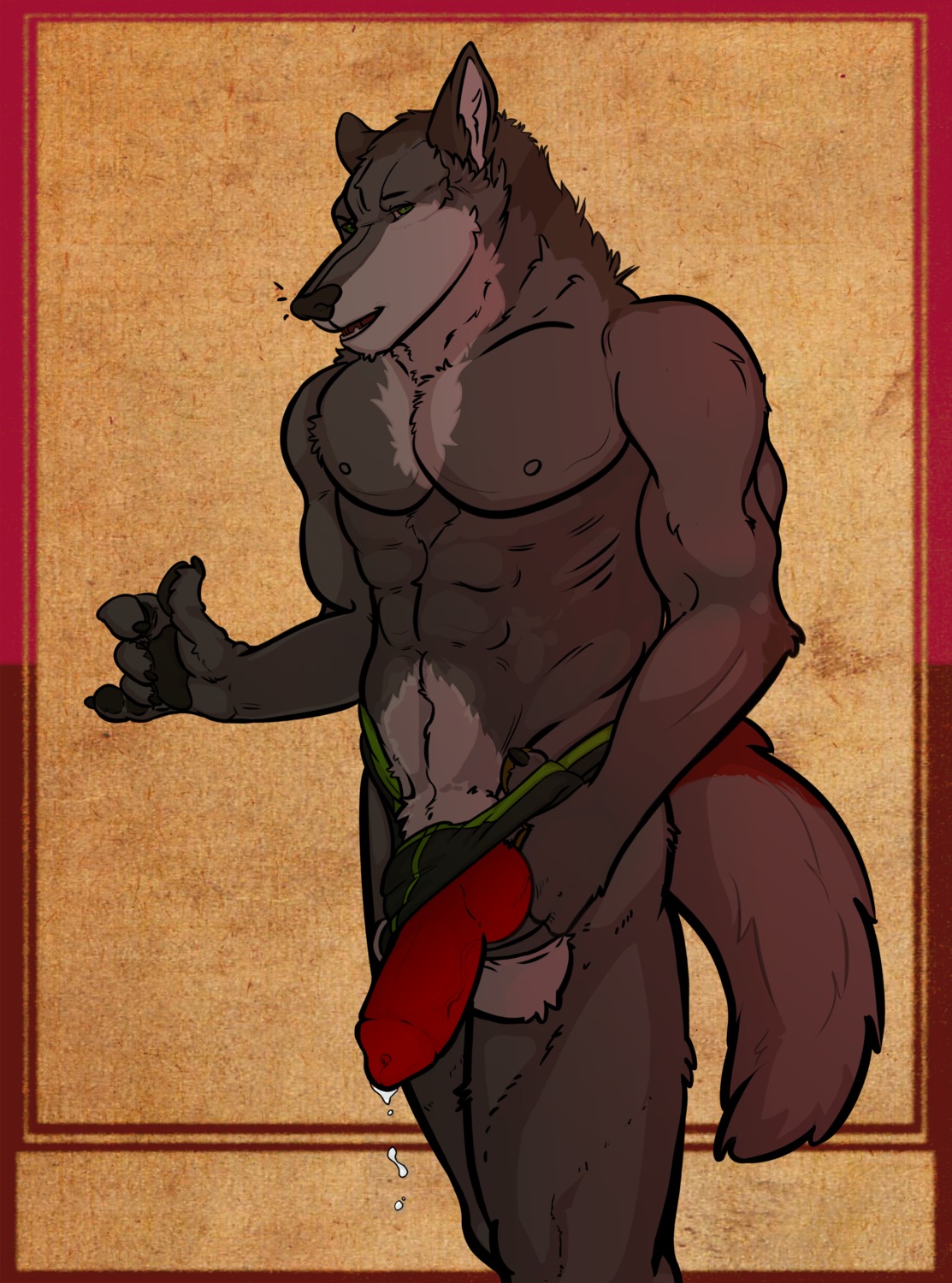 abs absurd_res animal_genitalia animal_penis anthro balls biceps big_penis black_body black_fur black_nose bodily_fluids canid canine canine_genitalia canine_penis canis claws clothed clothing cum dripping e621 erection fur genital_fluids genitals green_eyes grey_body grey_fur hi_res knot leaking looking_at_viewer male mammal muscular muscular_anthro muscular_male open_mouth pawpads paws pecs penis presenting red_penis rousk_(artist) sheath solo tail topless white_body white_fur wolf