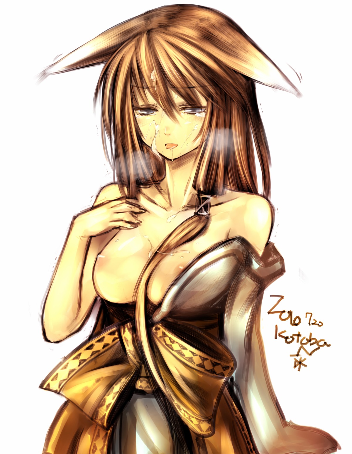 animal_ears breasts brown_hair cat_ears copyright_request cum cum_on_body cum_on_breasts cum_on_upper_body facial female grey_eyes high_resolution kotoba_noriaki off_shoulder rule34 tear tongue