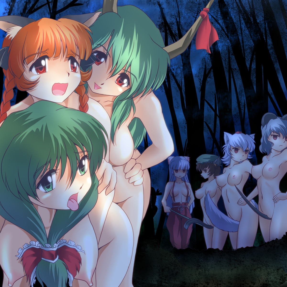 animal_ears between_legs bow braid breasts brown_hair cat_ears cat_tail caved chen earrings erect_nipples ex-keine female fujiwara_no_mokou fur furry_ears furry_tail green_eyes green_hair grey_hair group_sex hair_ribbon hairbow hanging_breasts hat highres horns jewelry kagiyama_hina keine_kamishirasawa long_hair momiji_inubashiri mouse_ears mouse_tail multi_tail multiple_females multiple_girls nazrin nipples nude red_eyes red_hair ribbon rin_kaenbyou rule34 sex short_hair silver_hair suspenders tail tail_between_legs tenshi_hinanawi threesome tied_hair tokin_hat touhou twin_braids twintails uncensored wancozow when_you_see_it white_hair wolf_ear wolf_tail yuri