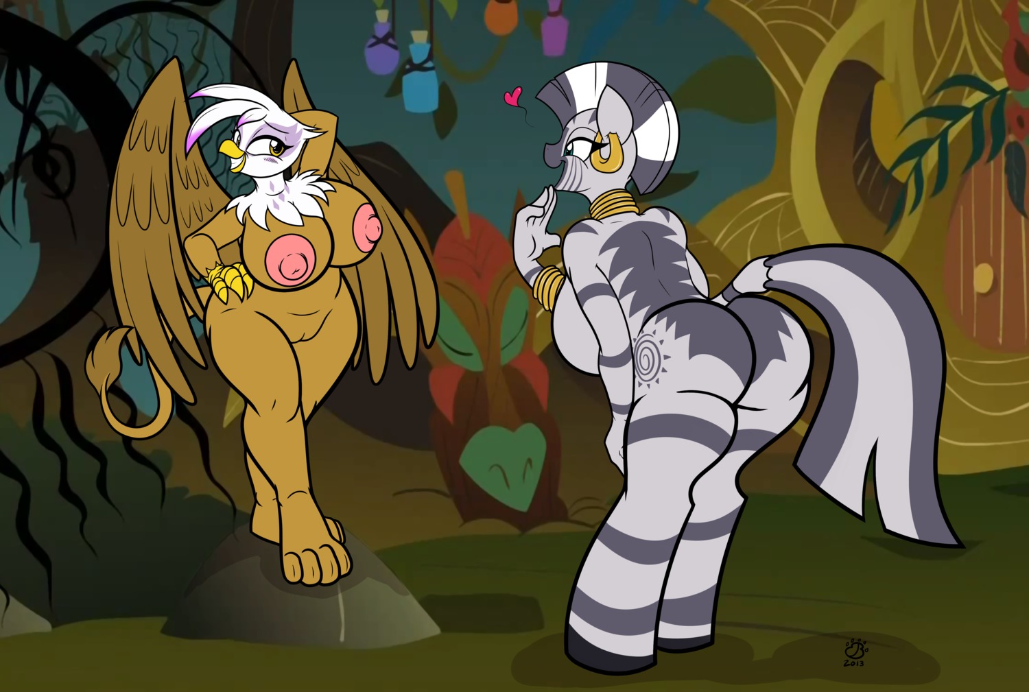 2013 absurd_res after_transformation anthro anthrofied avian badgerben beak big_breasts breasts butt cutie_mark duo e621 equid equine eye_contact feathered_wings feathers female friendship_is_magic genitals gilda_(mlp) gryphon hair hasbro heart_symbol hi_res jewelry looking_at_another mammal mane mohawk my_little_pony mythological_avian mythological_creature mythology nipples nude raised_tail side_boob smile stripes tail tribal vulva wings zebra zecora_(mlp)