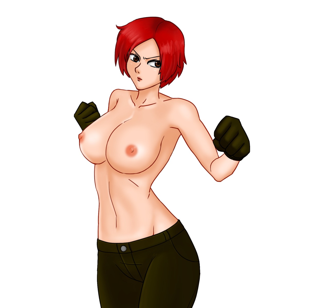 breasts brown_eyes female king_of_fighters large_breasts nipples red_hair rule34 short_hair topless vanessa_(kof)