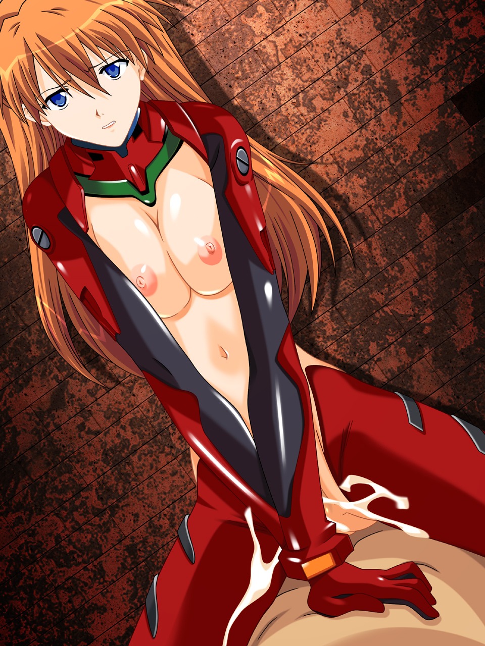 asuka_langley_sohryu blue_eyes breasts clothing cum ejaculation erect_nipples female female_on_top hair highres human large_breasts long_hair male midriff navel neon_genesis_evangelion nipples no_bra orange_hair penis plugsuit pussy rule34 sex straight vaginal_penetration