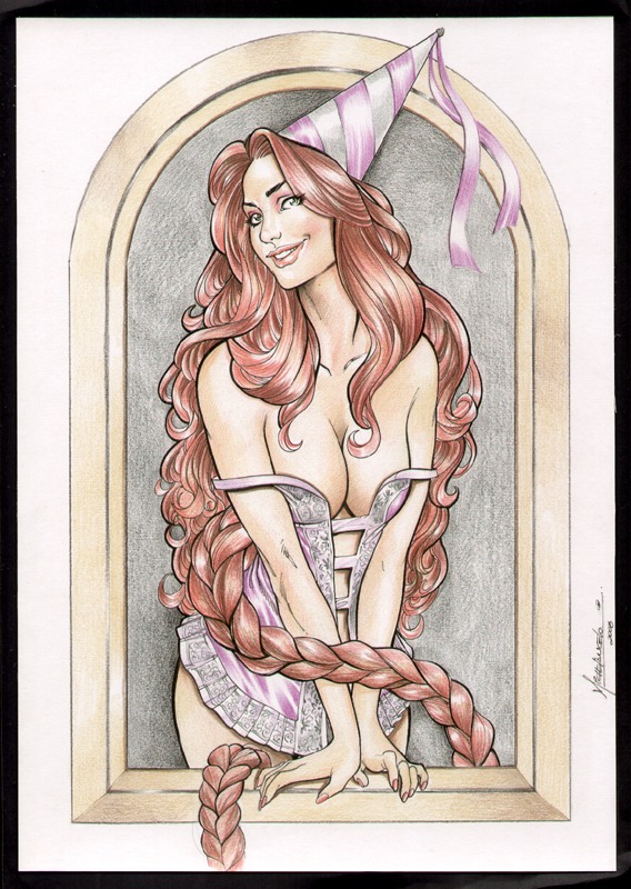 braid breasts cleavage curly_hair fairy_tales female female_only human large_breasts lingerie long_hair looking_at_viewer michelangelo_almeida rapunzel_(fairy_tales) rule34 signature smile solo traditional_media very_long_hair