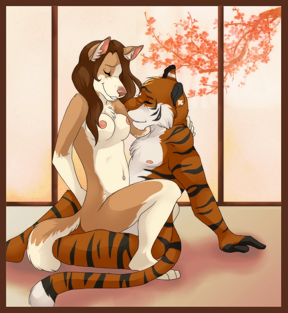anthro border breasts canid canine canis digital_media_(artwork) domestic_dog duo e621 eyes_closed felid female jailbird maggie_(etuix) male male/female mammal nipples nude o-tiger_(character) orange_border pantherine sex shaded tail tiger
