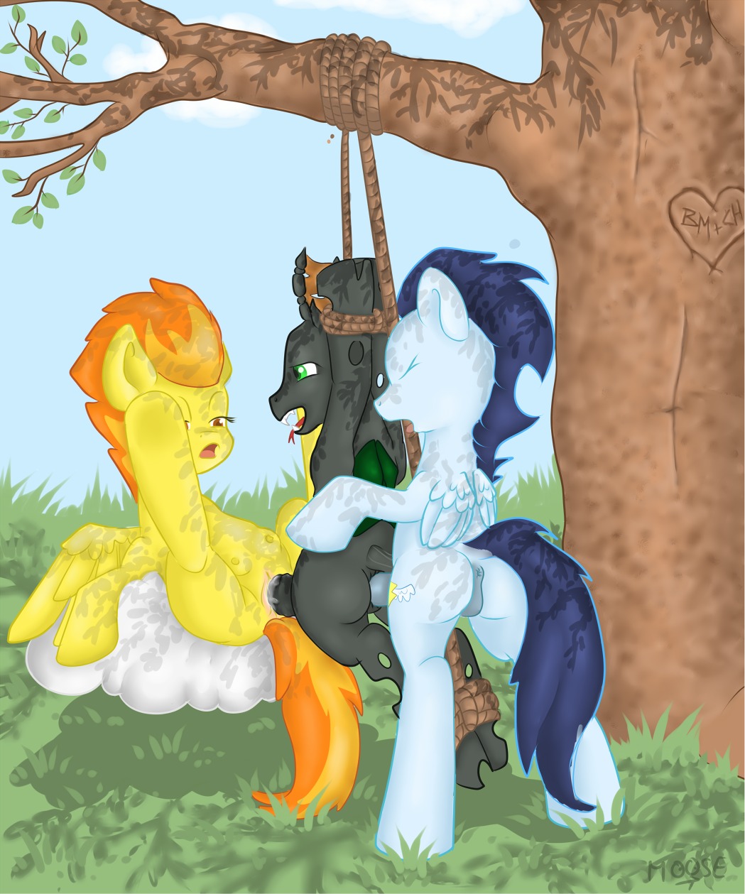 2012 amber_eyes anal anal_penetration anus arthropod bisexual bisexual_sandwich blue_body blue_feathers blue_fur blue_hair bound butt canon_x_oc changeling_(mlp) cloud cutie_mark cynicalmoose dominant dominant_male e621 english_text equid equine erection eyes_closed fan_character feathered_wings feathers female female_penetrated feral forked_tongue friendship_is_magic from_front_position fur genitals green_eyes grey_body group group_sex hair hasbro hi_res interspecies looking_pleasured lying male male/female male/male male_penetrated male_penetrating male_penetrating_female male_penetrating_male mammal missionary_position multicolored_hair my_little_pony mythological_creature mythological_equine mythology nude on_back open_mouth outside pegasus penetration penile penile_penetration penis penis_in_ass penis_in_vagina plant rope sandwich_position sex signature sky soarin_(mlp) spitfire_(mlp) submissive submissive_female submissive_male suspension tail teats text tongue tongue_out tree tree_bondage two_tone_hair vaginal vaginal_penetration vesairus vulva wings wonderbolts_(mlp) yellow_body yellow_feathers yellow_fur