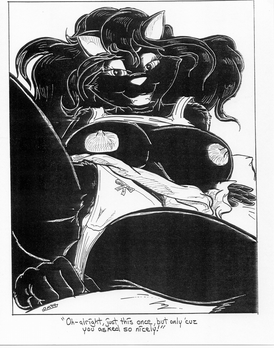 1999 bed big_breasts black_body black_fur black_hair breasts clothed clothing clothing_lift clothing_pull cushion domestic_cat e621 english_text felid feline felis female fur furniture genitals greyscale hair humanoid_pointy_ears long_hair looking_at_viewer makeup mammal monochrome nipples oscar_marcus panties panty_pull pointy_ears presenting sharp_teeth shirt shirt_lift simple_background smile solo spread_legs spreading tammy_kitten teeth text topwear underwear underwear_pull vulva white_background