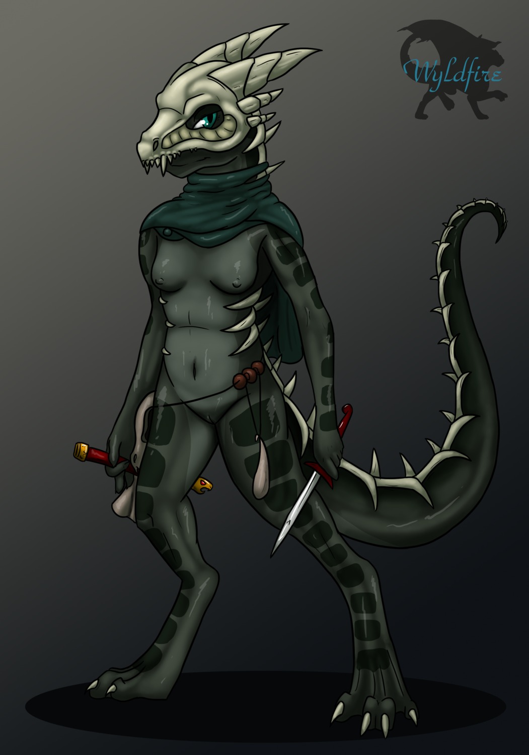 4_fingers 4_toes absurd_res anthro biped breasts claws digitigrade e621 feet female fingers genitals grey_body grey_scales hi_res knife lizard magic_user mask myst_(fr0stbit3) navel necromancer nipples non-mammal_breasts non-mammal_nipples nude reptile scales scalie shawl solo standing tail toes vulva wyldfire7
