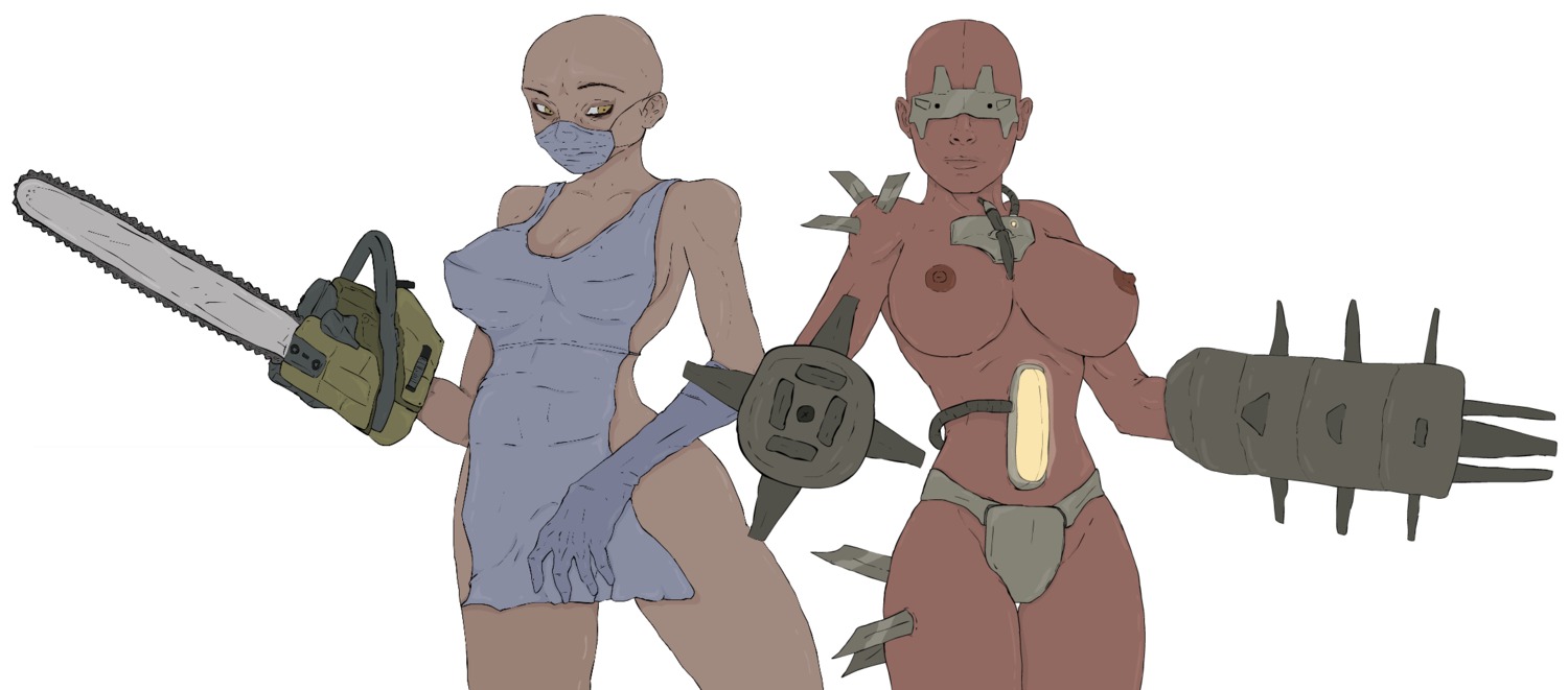 2d 2girls bald bald_female breasts chainsaw female female_only fleshpound killing_floor methados nipples rule34 rule_63 scrake