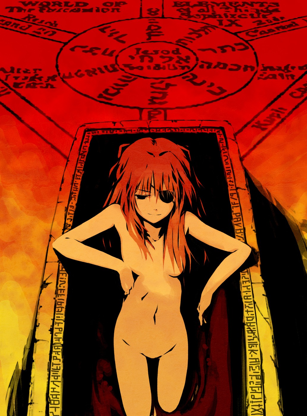 1girls asuka_langley_sohryu breasts eye_patch female female_only flat_chest highres ko_azuma liquid neon_genesis_evangelion no_nipples no_pussy nude orange_hair pointy_chin rebuild_of_evangelion rule34 smile solo straight_hair