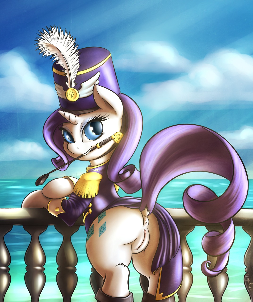 2014 anus blue_eyes boots butt clothing cloud cutie_mark e621 equid equine eyelashes eyeshadow female feral footwear friendship_is_magic fur genitals grey_eyeshadow hair hasbro hat headgear headwear hi_res horn inviting_spanking looking_back makeup mammal my_little_pony mythological_creature mythological_equine mythology naughty_face outside presenting presenting_anus presenting_hindquarters presenting_vulva purple_hair raised_tail rarity_(mlp) riding_crop shoes shydale sky smile solo tail unicorn vulva whip white_body white_fur