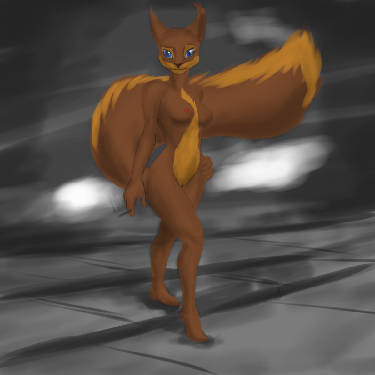 1:1 5_fingers anthro big_tail blue_eyes breasts brown_body brown_fur cigarette e621 featureless_breasts female fingers fluffy fluffy_tail fur genitals hand_on_hip hi_res kampfisken looking_at_viewer mammal nipples nude plantigrade rodent sciurid smoking solo tail tree_squirrel vulva