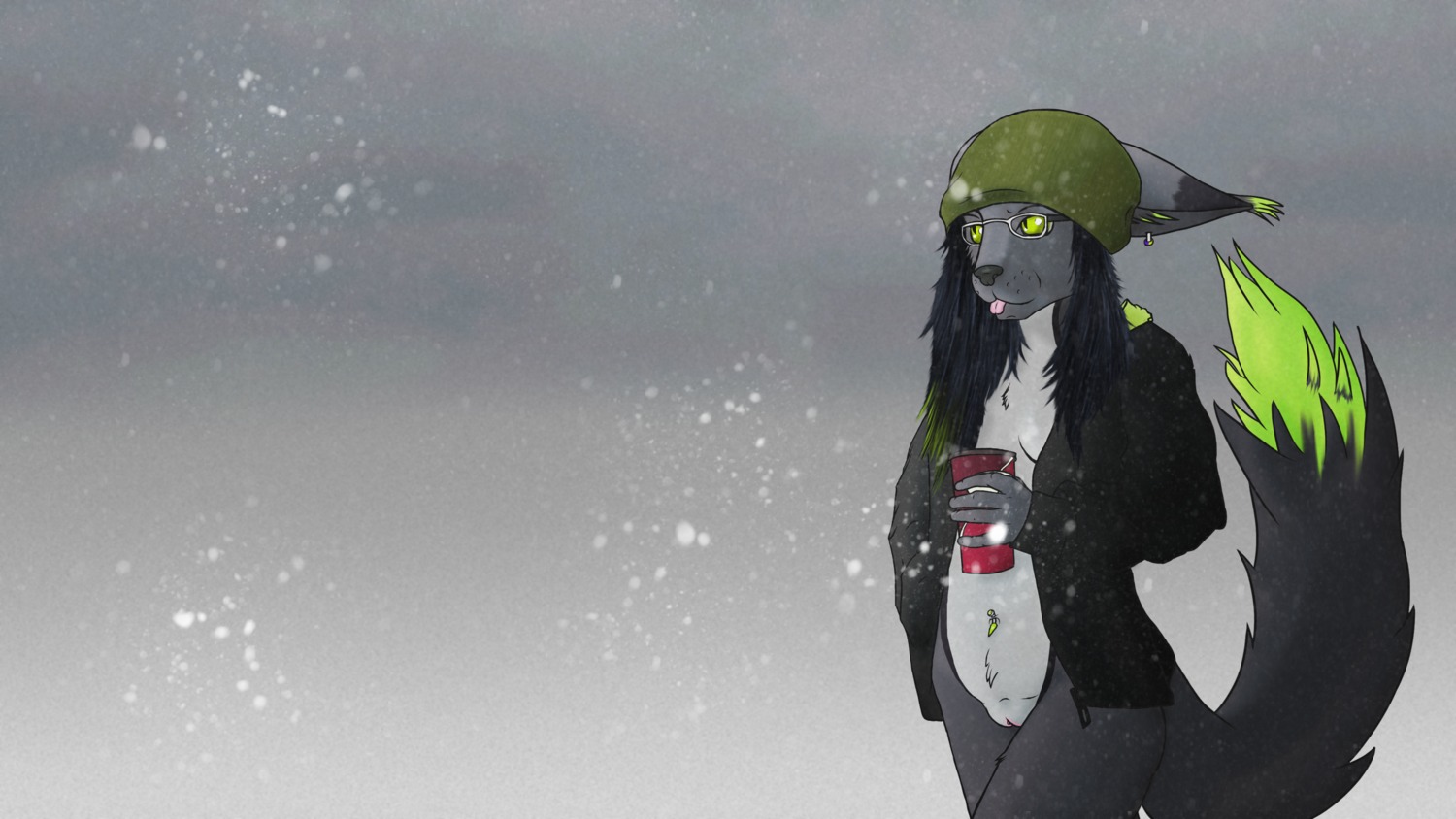 16:9 4k absurd_res beverage big_ears big_tail black_hair bottomless canid canine canis clothed clothing coffee e621 eyewear felid feline female food genitals glasses green_eyes hair hat headgear headwear hi_res hoodie hybrid lynx lyxolf mammal navel navel_piercing piercing pom_hat rae_(lyxolf) snow solo standing tail tongue topwear vulva wallpaper widescreen winter wolf