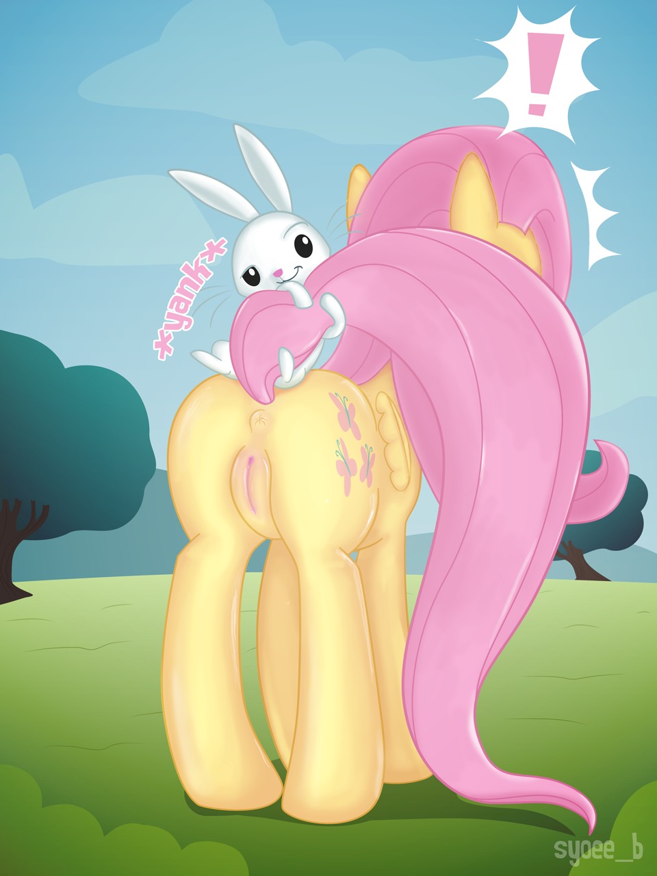 3:4 angel_(mlp) anus butt cloud cutie_mark duo e621 equid equine exclamation_point feathered_wings feathers female feral fluttershy_(mlp) friendship_is_magic fur genitals hair hasbro hi_res lagomorph leporid mammal my_little_pony mythological_creature mythological_equine mythology nude outside pegasus pink_hair plant rabbit raised_tail sky standing syoee_b tail tree vulva wings wood yank yellow_body yellow_feathers yellow_fur