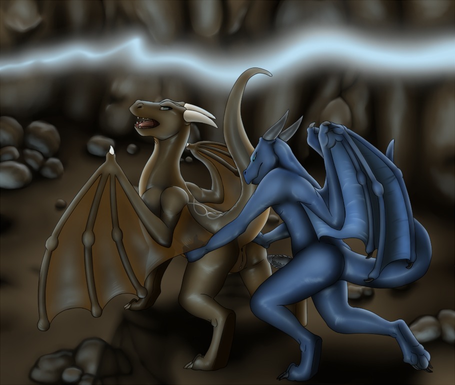 2011 all_fours anthro anthro_on_feral blue cave dragon female feral from_behind horn leverpuller male nude penis pussy raised_tail rule34 sex straight tail wings