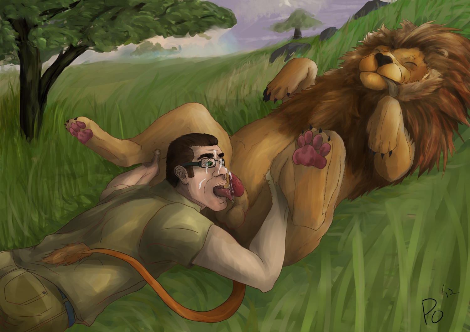 absurd_res bestiality cloud detailed_background digital_media_(artwork) digital_painting_(artwork) duo e621 erection felid feral genitals grass hi_res human human_on_feral interspecies licking lion male male/male male_penetrated male_penetrating male_penetrating_male mammal nature oral outside painting_(artwork) pantherine paws penetration penile penis penis_lick plaguedobsession plant sex sky smashmeerkat tail tongue tongue_out