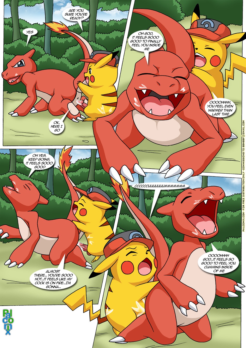 anal anus ashchu bbmbbf beige_skin buggery charmeleon closed_eyes color comic cum day dialog english_text erect_penis erection fire fur furry furry_tail gay half-erect hat interspecies male male_only multiple_males nintendo no_humans nude open_eyes open_mouth outdoors penis pikachu pokemon red_skin rule34 sex speech_bubble tail tail_fire text tree yaoi yellow_fur