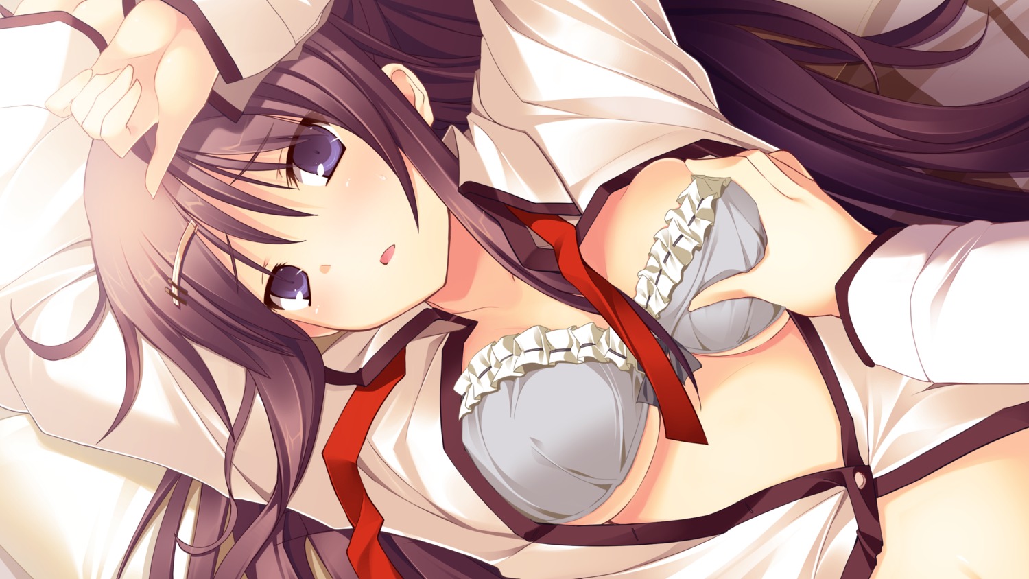 black_hair bra breast_grab breasts female game_cg long_hair mutou_kurihito open_clothes open_shirt rule34 seifuku shirt shunki_gentei_poco_a_poco underwear yuki_natsume