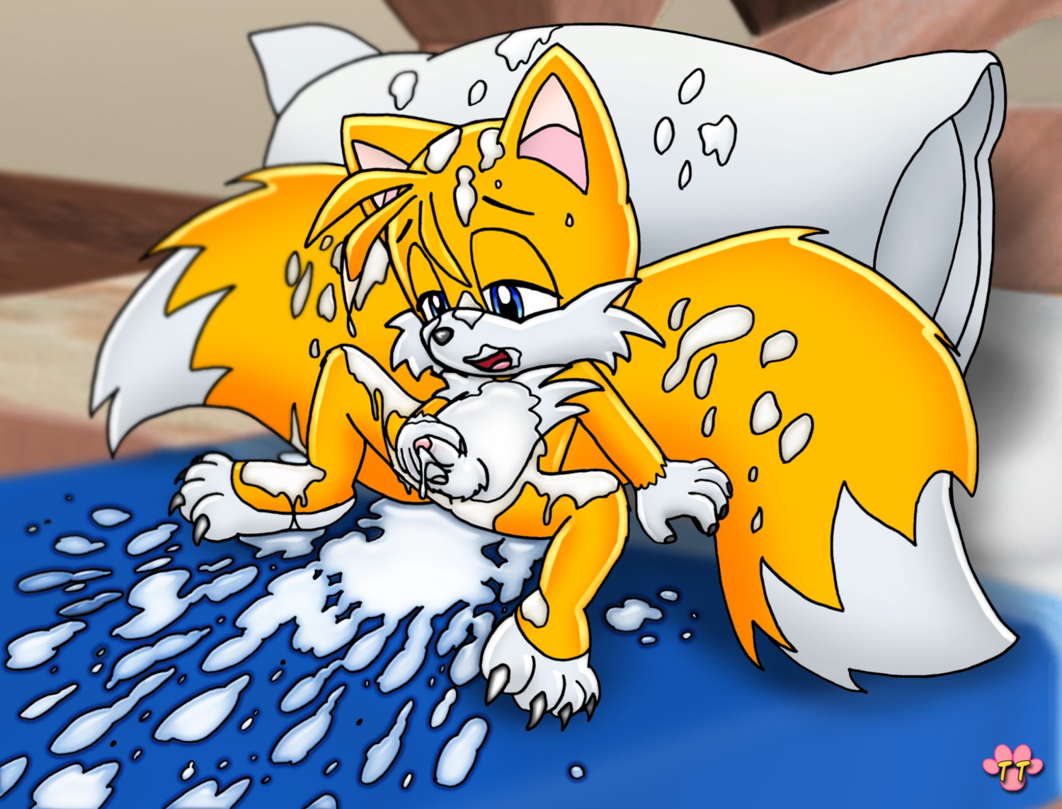 anthro autobukkake balls bed blue_eyes bukkake canine claws cum cum_covered excessive_cum fox fur furry_tail handjob indoors male male_only mammal masturbation messy mobian multi_tail nude orange_fur penis pillow rule34 sitting solo sonic_(series) tail tails tails_the_fox twotails