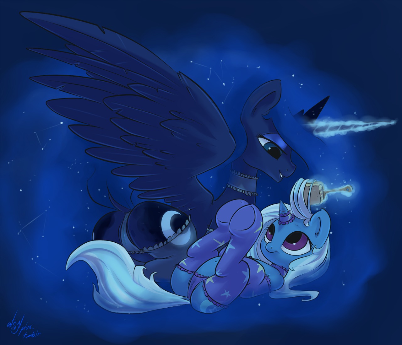 2012 anus atryl blue_hair blue_theme brush butt camel_toe clothing collar constellation crown cutie_mark digital_media_(artwork) duo e621 equid equine feathered_wings feathers female feral friendship_is_magic genitals hair hasbro headgear horn legwear levitation long_hair magic mammal my_little_pony mythological_creature mythological_equine mythology panties princess_luna_(mlp) purple_eyes romantic romantic_couple royalty size_difference stockings tail translucent translucent_clothing trixie_(mlp) underwear unicorn vulva winged_unicorn wings