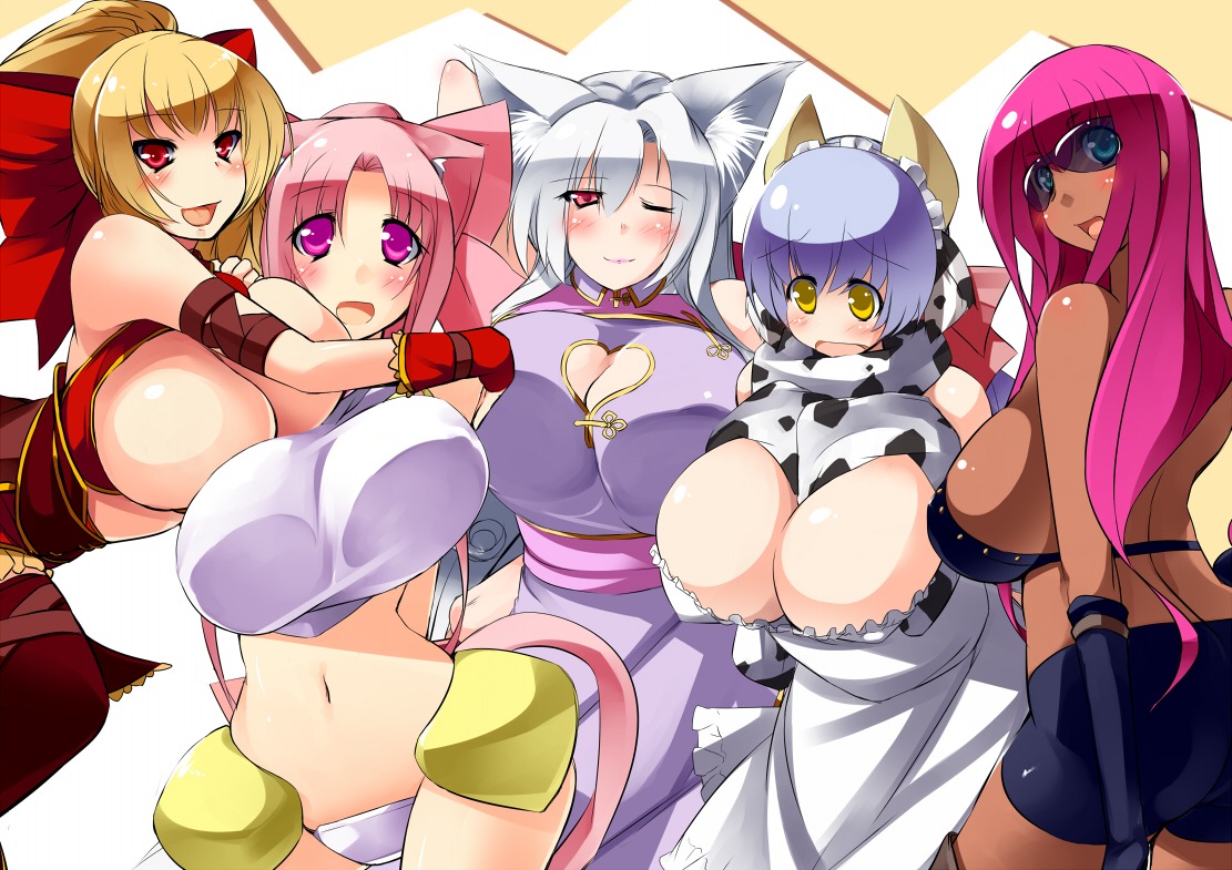 5girls blush breasts female large_breasts multiple_females multiple_girls open_mouth pink_hair pointy_chin rule34 smile