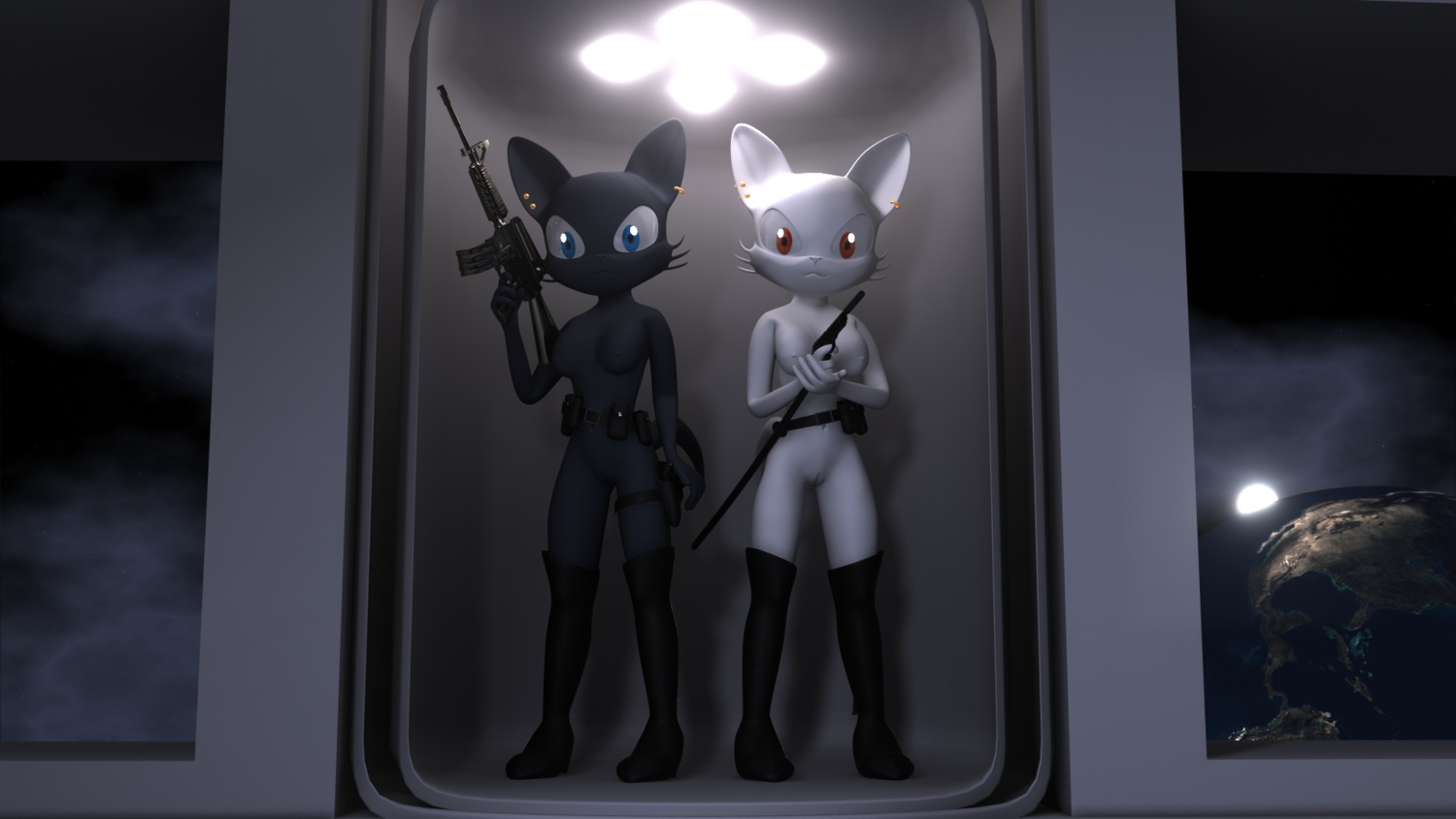 16:9 3d_(artwork) anthro belt black_body black_fur blue_eyes boots breasts clothing destiny_(character) destiny_blackmoon digital_media_(artwork) domestic_cat duo e621 ear_piercing felid feline felis female footwear fur genitals gun hi_res kittie mammal melee_weapon nipples nude piercing ranged_weapon red_eyes shoes sibling_(lore) sister_(lore) sisters_(lore) space standing sword tail vulva weapon white_body white_fur widescreen