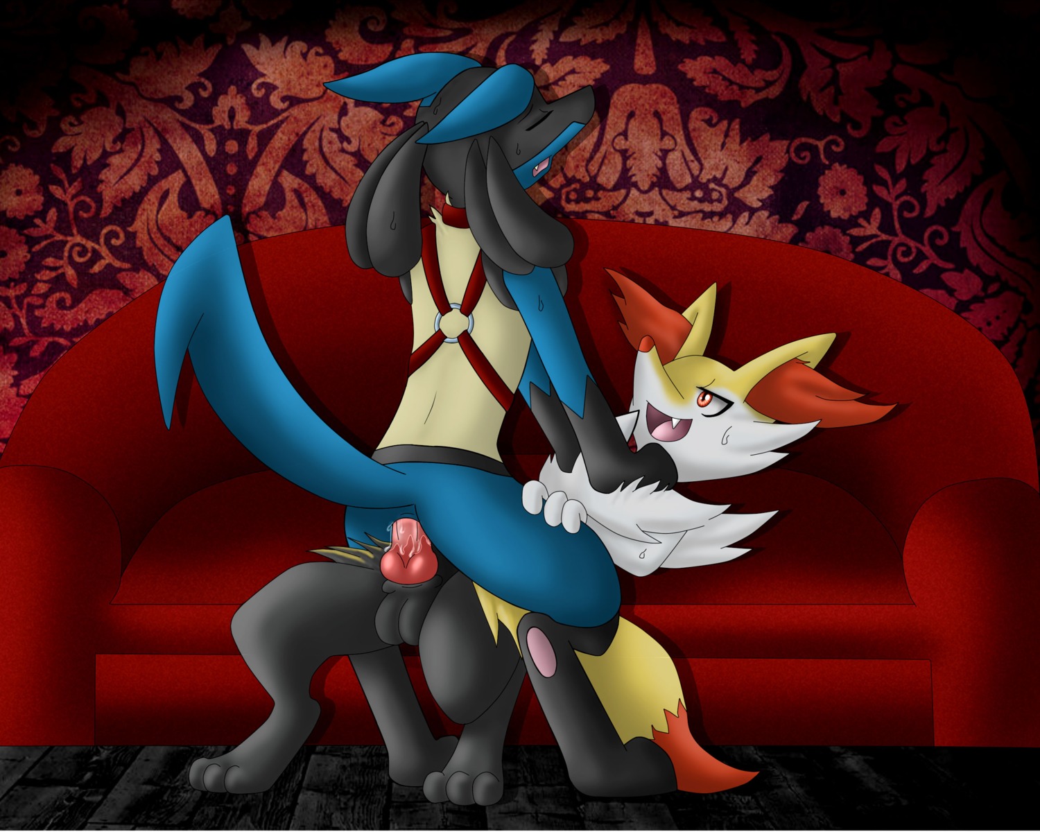 5:4 anal anal_penetration animal_genitalia animal_penis anthro anus black_body black_fur blue_body blue_fur bodily_fluids braixen butt canid canine canine_genitalia canine_penis cowgirl_position duo e621 erection eyes_closed from_behind_position from_front_position fur furniture generation_4_pokemon generation_6_pokemon genital_fluids genitals harness hi_res inner_ear_fluff looking_pleasured lucario lucarioico2007 male male/male male_on_bottom male_on_top male_penetrated male_penetrating male_penetrating_male mammal nintendo nude on_bottom on_sofa on_top penetration penis pokemon pokemon_(species) precum raised_tail sex sofa sweat tail tight_fit tuft yellow_body yellow_fur