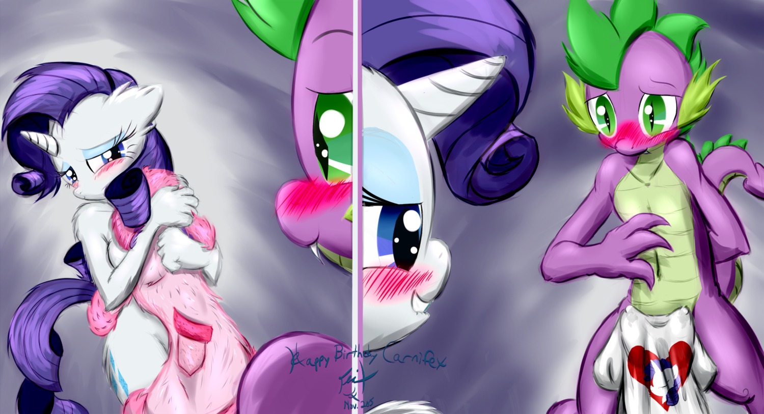 2_penises animal_genitalia animal_penis anthro anthrofied blue_eyes blush bodily_fluids bulge clenched_teeth clothed clothing covering cutie_mark digital_media_(artwork) dragon duo e621 embarrassed english_text equid equine erection erection_under_clothing eyeshadow fangs female friendship_is_magic frist44 fur genital_fluids genitals green_eyes hair hands_behind_back hasbro hemipenes horn long_hair makeup male mammal multi_genitalia multi_penis my_little_pony mythological_creature mythological_equine mythological_scalie mythology navel nude penis precum pupils purple_body purple_hair purple_scales rarity_(mlp) scales scalie slit_pupils smile spike_(mlp) tail teeth text unicorn white_body white_fur young
