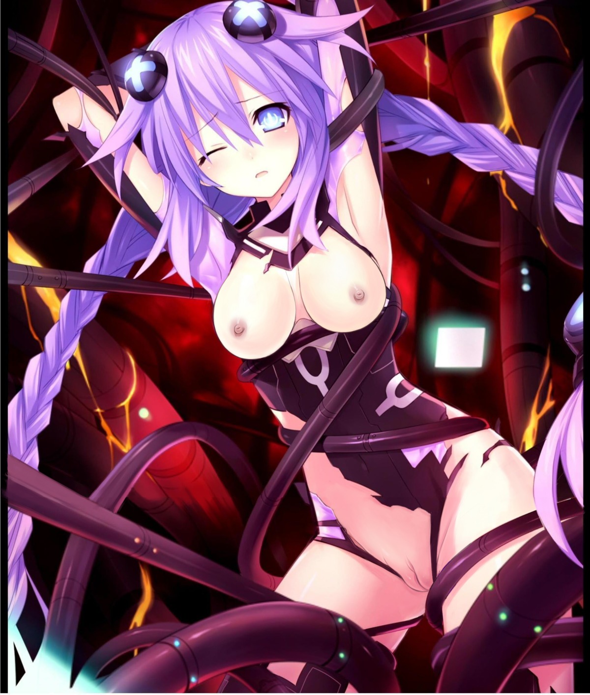 blue_eyes braid braids exposed_pussy female highres neptune_(neptunia) neptunia_(series) ponytail purple_hair purple_heart_(neptunia) pussy rule34 tentacle tied_hair torn_clothes twintails