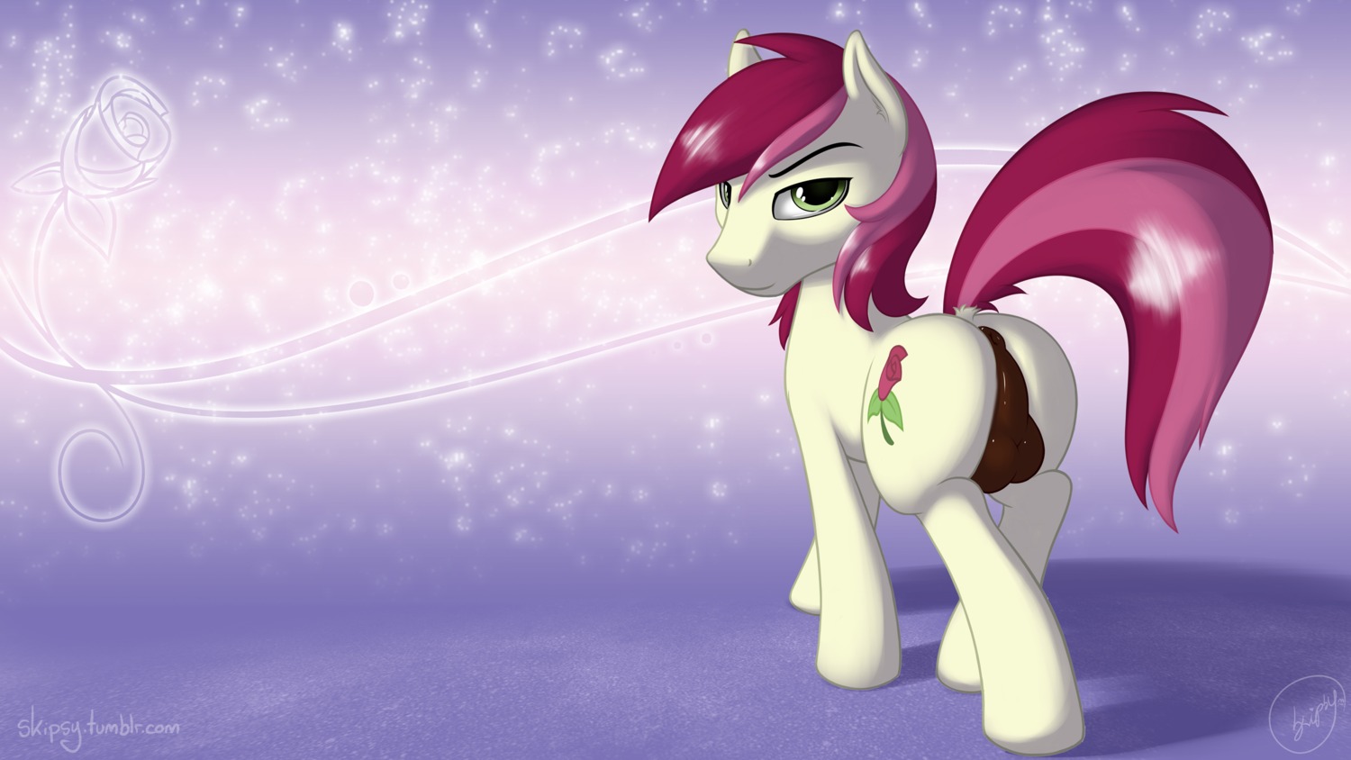2013 abstract_background anus balls crossgender cutie_mark e621 earth_pony equid equine femboy feral friendship_is_magic ftm_crossgender fur genitals green_eyes hair hasbro hi_res horse looking_at_viewer male mammal multicolored_hair my_little_pony pony red_hair rose_(mlp) simple_background skipsy solo tail two_tone_hair white_body white_fur