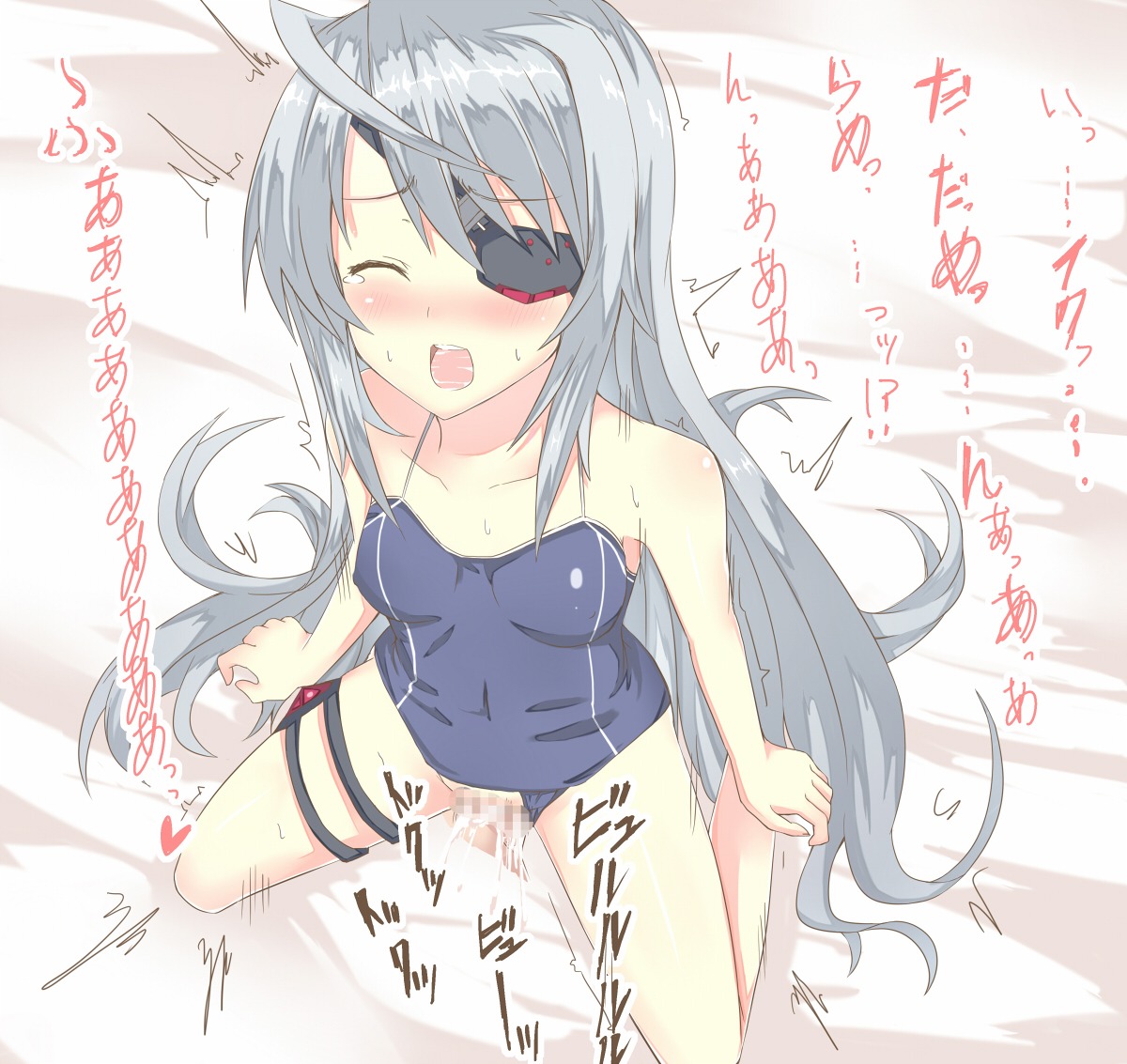 blush censored closed_eyes cum ejaculation eye_patch female infinite_stratos kneeling kurifuto laura_bodewig long_hair male mosaic_censoring open_mouth orgasm penis pussy rule34 sex silver_hair tear translated translation_request vaginal_penetration