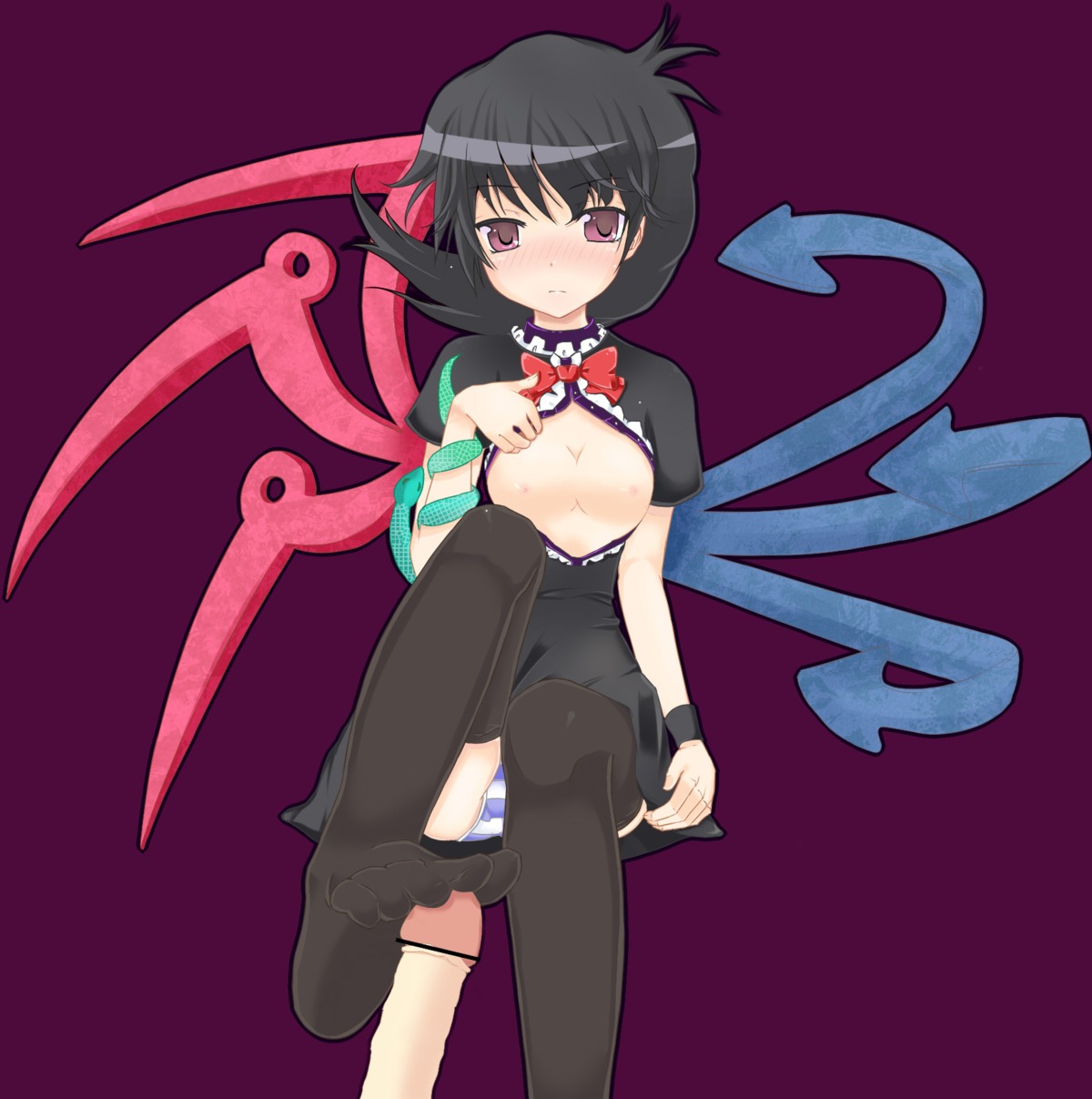 1girls black_hair black_legwear blush breasts dress exposed_breasts feet female footjob footjob_with_legwear footjob_with_one_foot highres light-skinned_female light_skin male nue_houjuu penis red_bowtie rule34 skinny_penis snake striped_panties thighhighs touhou wings wristband
