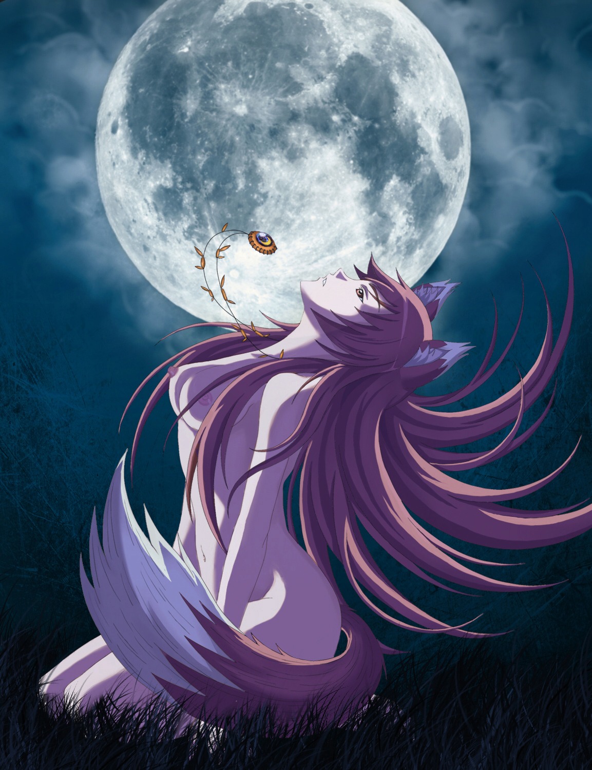 1girls animal_ears breasts brown_hair female grass highres holo jewelry long_hair looking_up medium_breasts moon night night_sky nipples nude open_mouth pendant rule34 sitting sky solo spice_and_wolf tail tonee wolf_ears wolf_tail