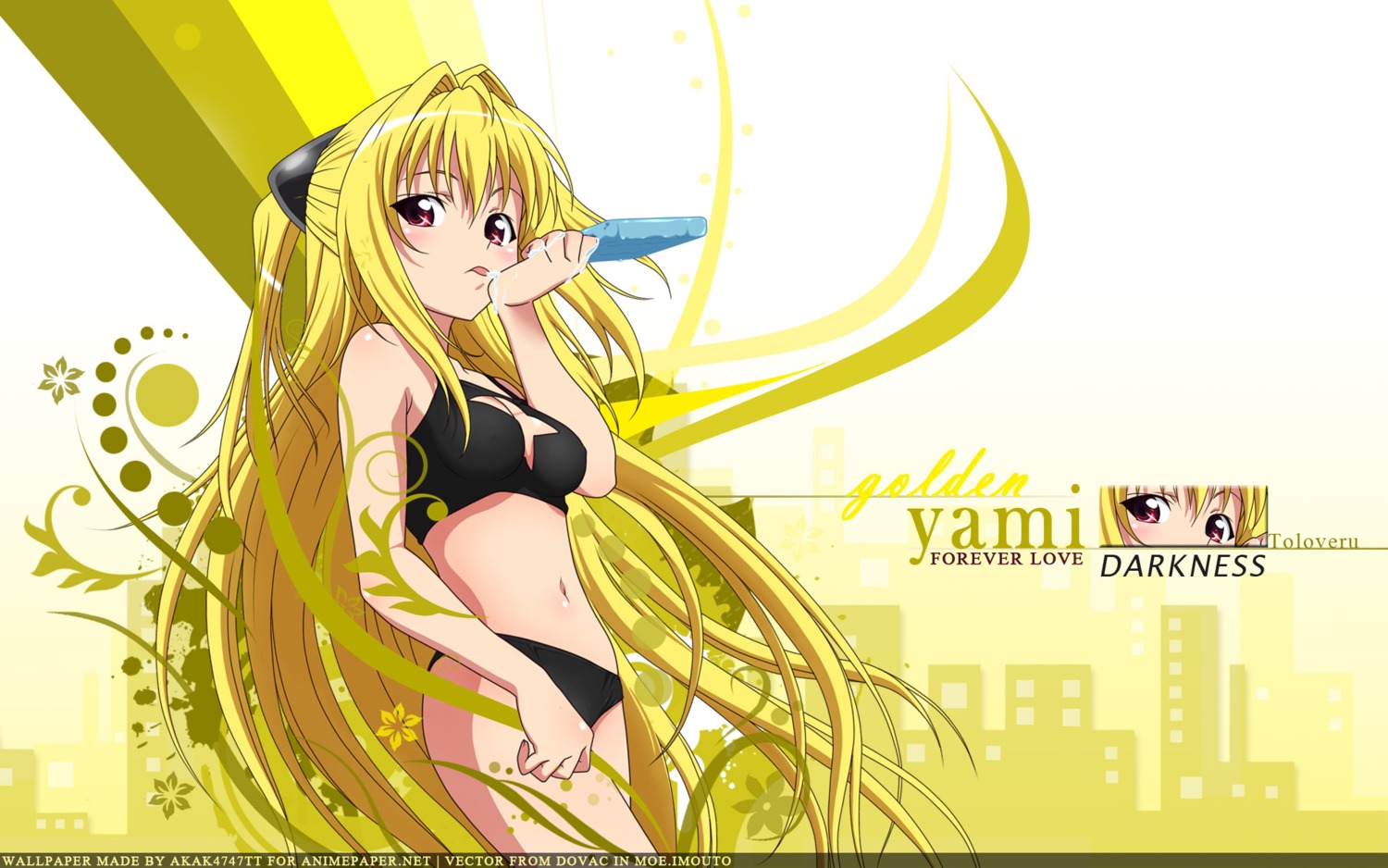 bikini blonde_hair breasts female konjiki_no_yami mizugi popsicle red_eyes rule34 small_breasts swimsuit tied_hair to_love-ru twintails yabuki_kentarou